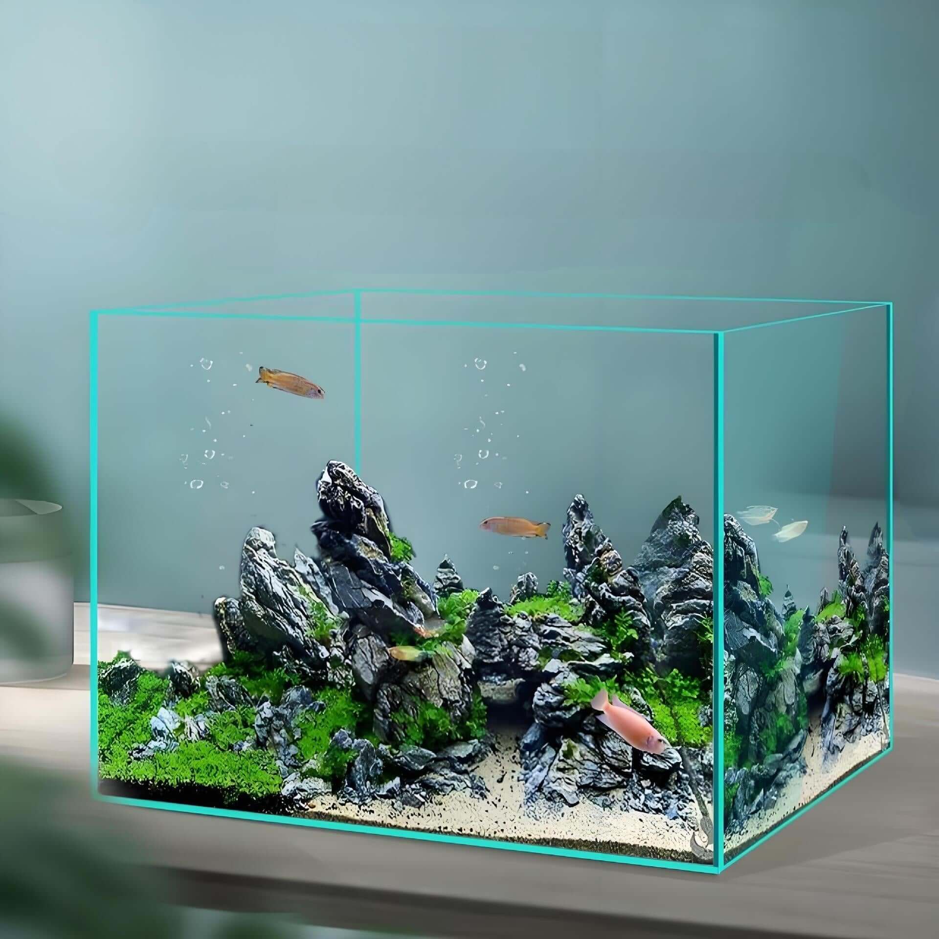 Aquarium en verre super blanc avec poissons et décor naturel, parfait pour ajouter de la vie à un bureau.