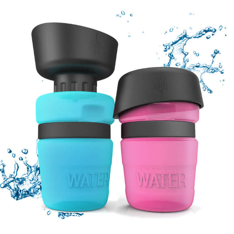 Bouteille d'eau pétillante en silicone pour animaux, couleur bleu ciel et rose, idéale pour l'hydratation.
