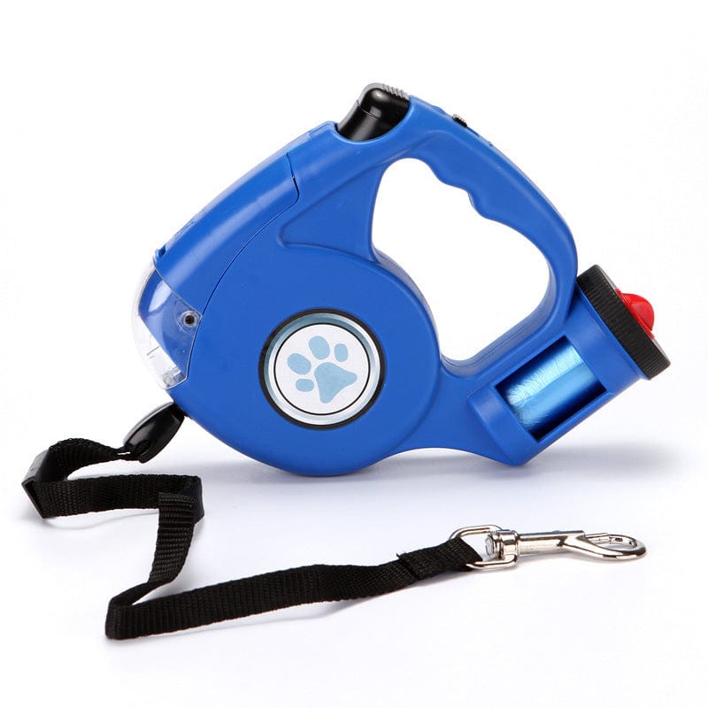 Laisse rétractable pour chien en bleu, incluant lampe torche et sangle robuste pour promenades sécurisées.