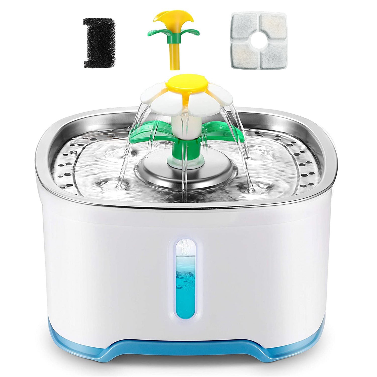Distributeur d'eau en acier inoxydable pour animaux avec fontaine et accessoires, idéal pour l'hydratation des animaux de compagnie.