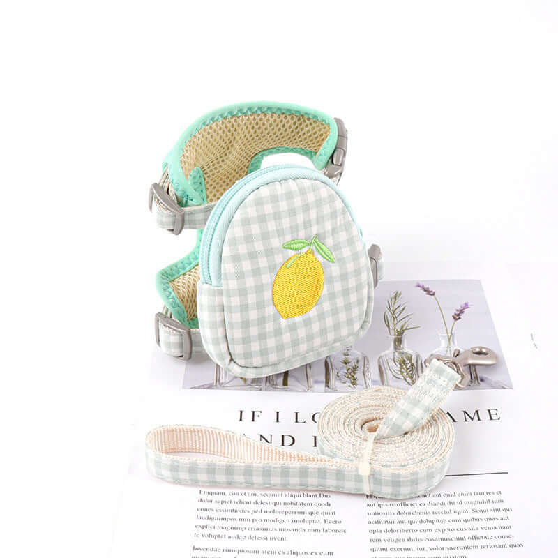 Harnais pour petits chiens en coton à motifs, avec laisse assortie et design élégant à carreaux.
