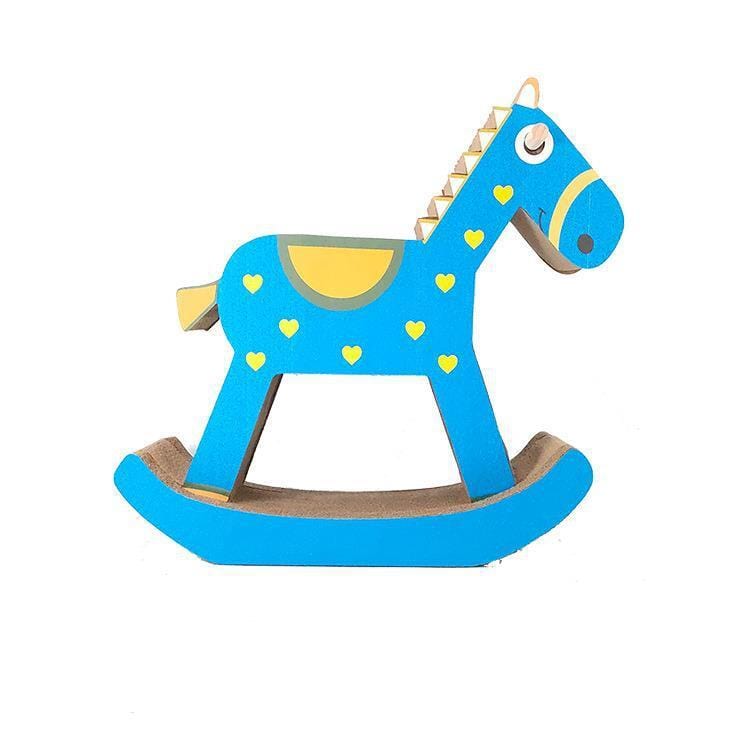 Rocking horse toy in blue and yellow design with heart patterns for children.