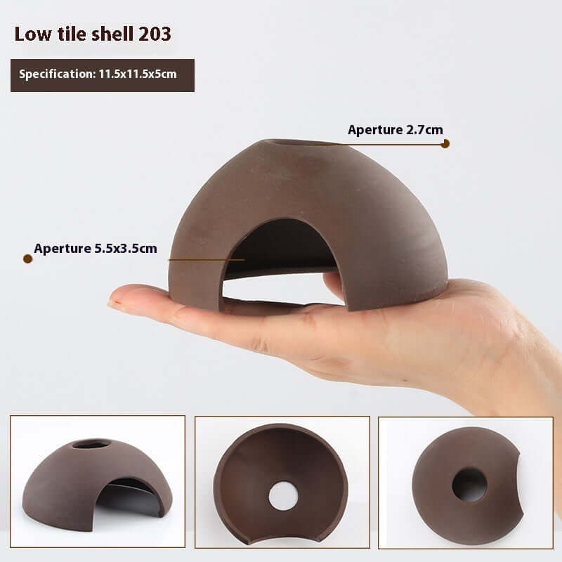 Low tile shell 203 for aquariums, measuring 11.5x11.5x5cm, with various aperture sizes for aquatic pets.
