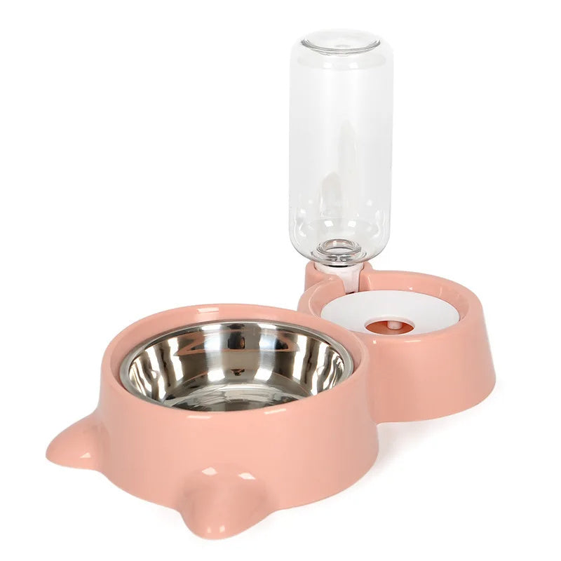 Distributeur automatique d'eau et de nourriture pour animaux, bol rose durable avec bouteille.