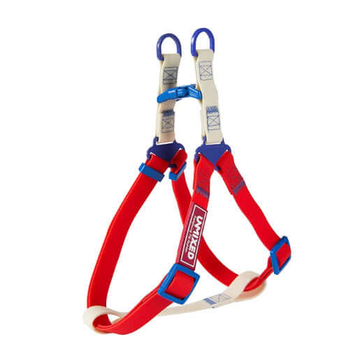 Harnais de sécurité rouge et bleu pour chien, conçu pour le confort et la sécurité lors des promenades.