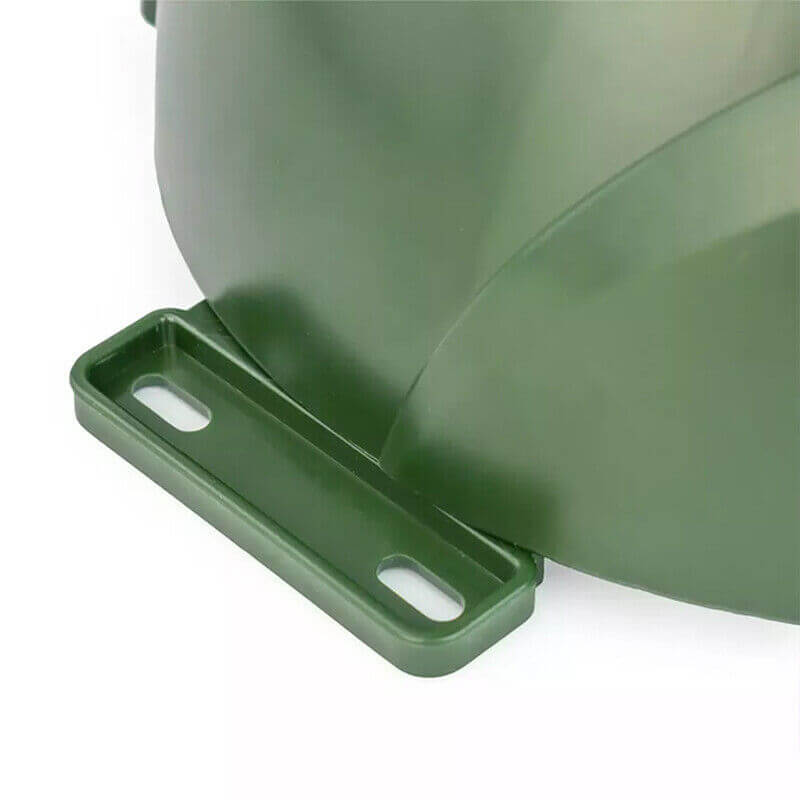 Base of a green automatic fish feeder, designed for stable mounting in outdoor environments.