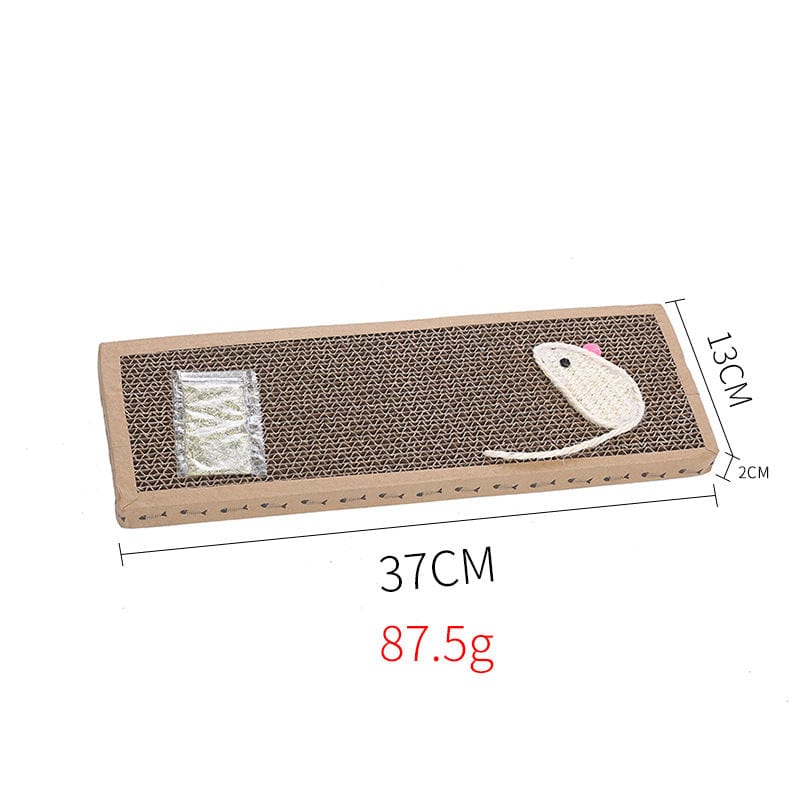 Grattoir en carton pour chats avec jouet souris, dimensions 37x13x2cm, idéal pour le bien-être des félins.