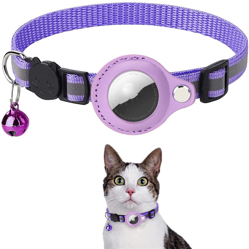 Collier réfléchi en nylon violet pour chat avec cloche et protection Airtag.