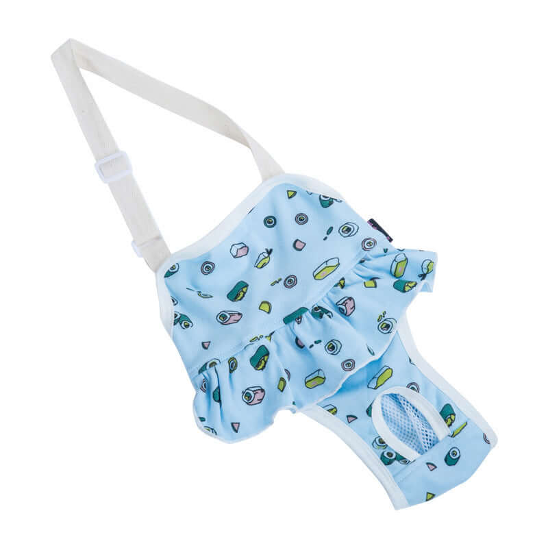 Harnais de sécurité pour chien bleu avec motifs colorés, idéal pour le confort et le style de votre animal.