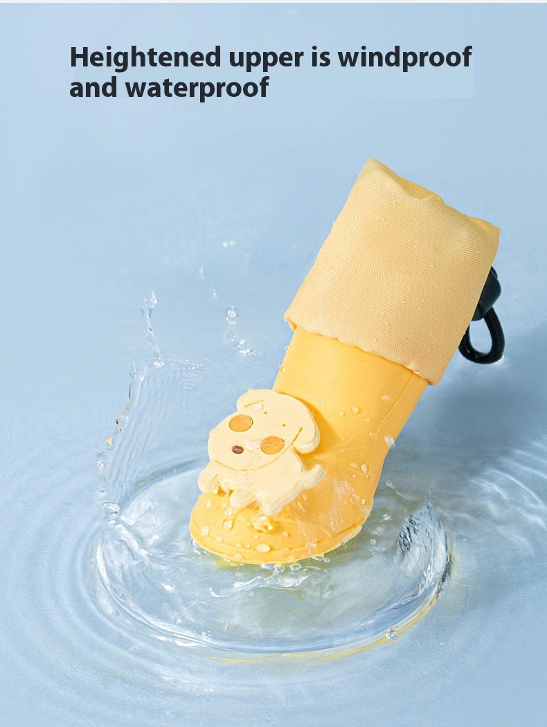 Botte pour chien jaune cartoon, imperméable et antidérapante, flottant dans l'eau.
