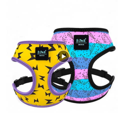 Harnais coloré pour chien en polyester, respirant et confortable, disponible en motifs jaune et rose.