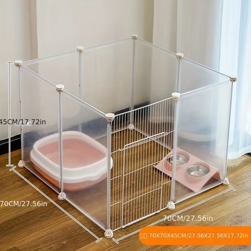 Cage intérieure pour chien sécurisée, idéale pour petites et moyennes races, avec gamelles et coin repos.