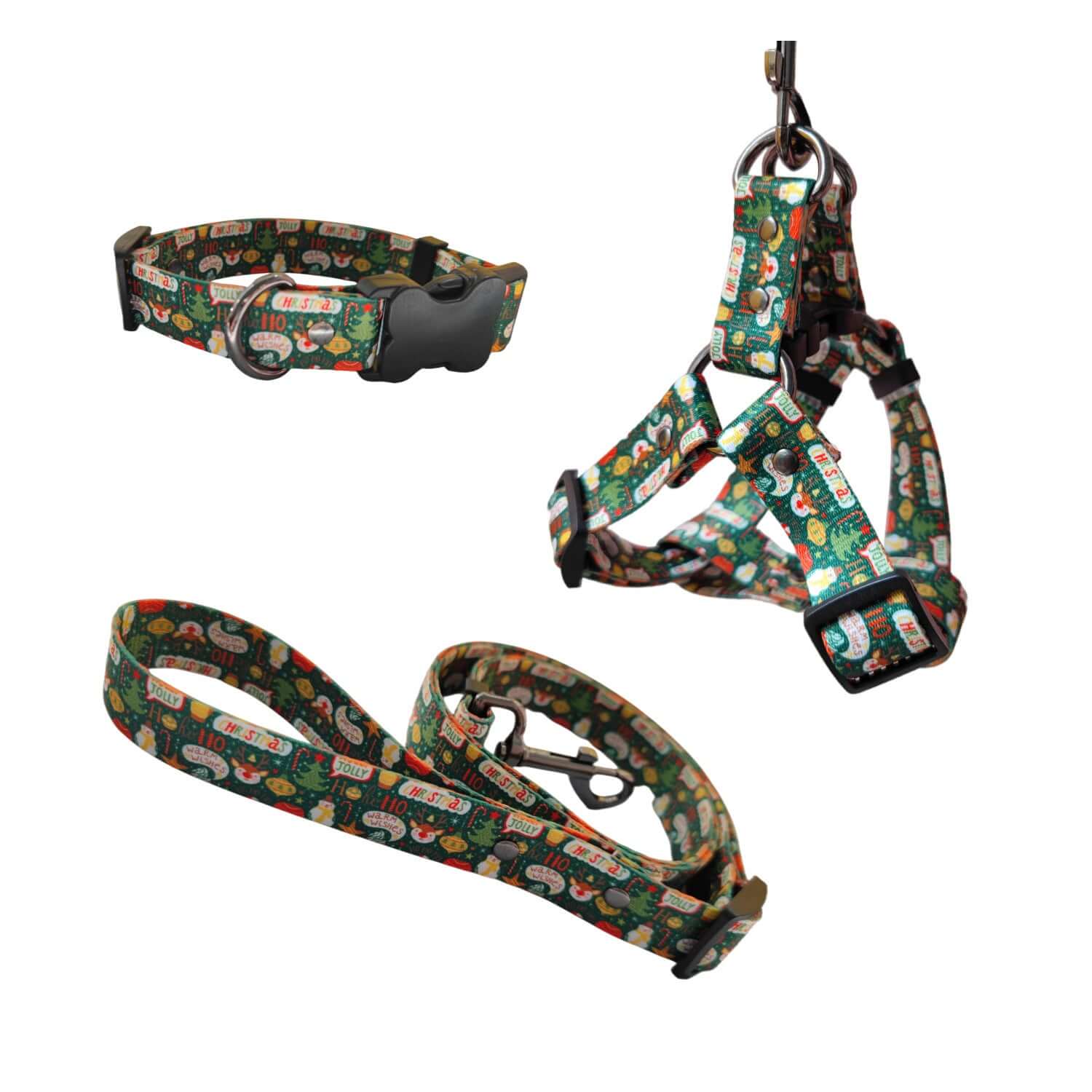 Harnais et laisse de Noël pour chien en polyester, motifs festifs et couleurs vives, parfaits pour les promenades saisonnières.