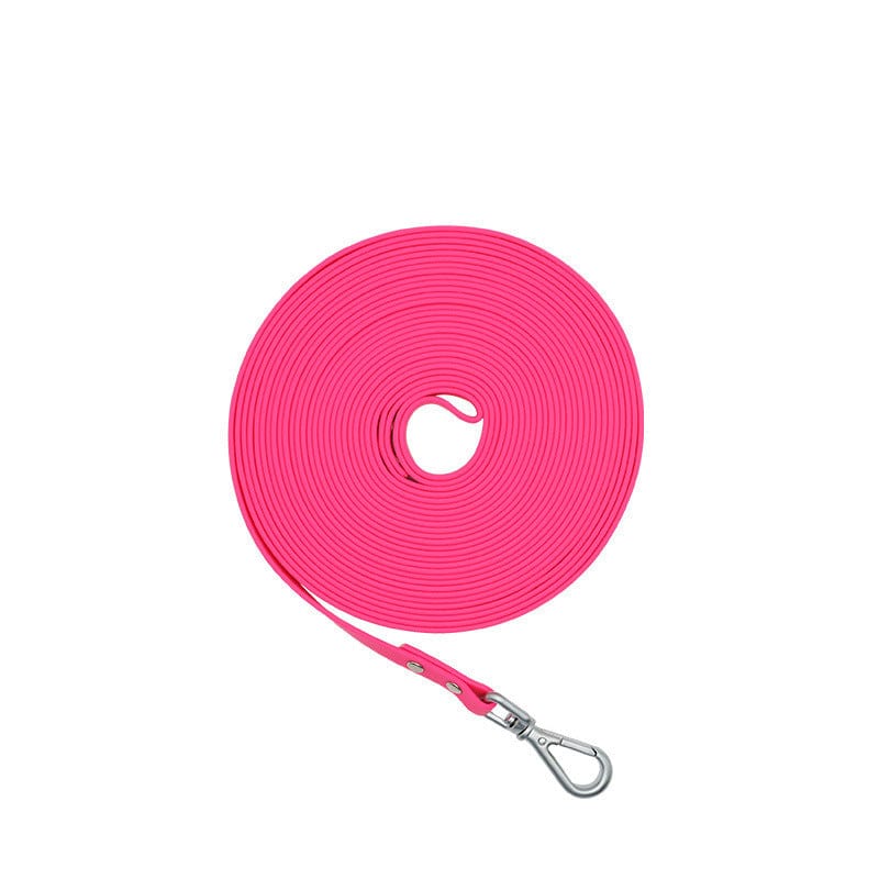 Laisse étanche en PVC pour chiens, couleur rose, idéale pour les promenades et aventures en plein air.