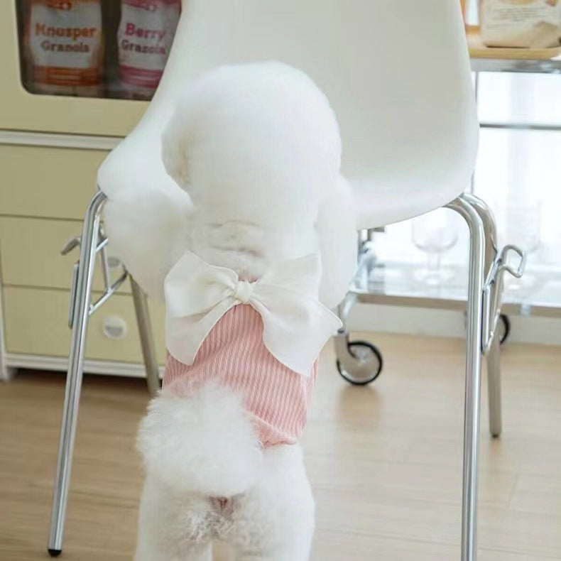 Chien portant une salopette d'été rose avec un nœud, se tenant près d'une chaise moderne.