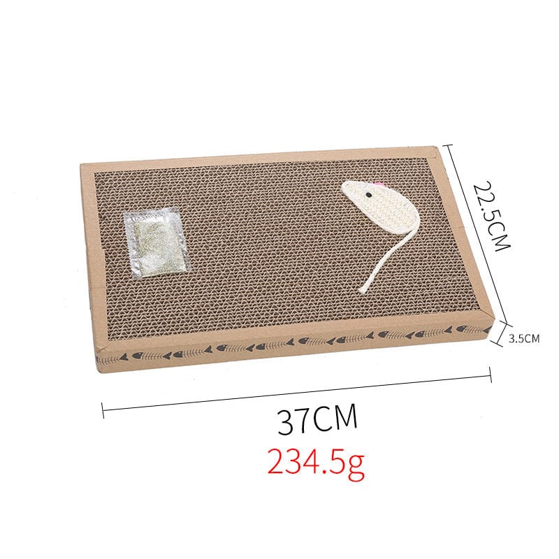 Grattoir en carton pour chats avec jouet souris, mesure 37CM x 22.5CM, idéal pour le bien-être des félins.