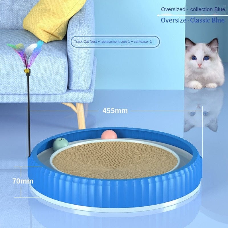 Planche à gratter ronde bleue pour chat avec coussin et jouets interactifs, idéale pour le jeu et la détente.