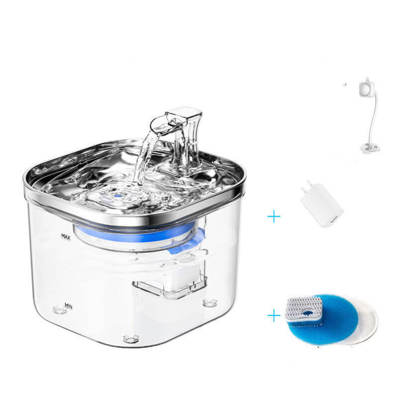 Fontaine automatique en acier inoxydable pour chats et chiens avec accessoire de filtration.