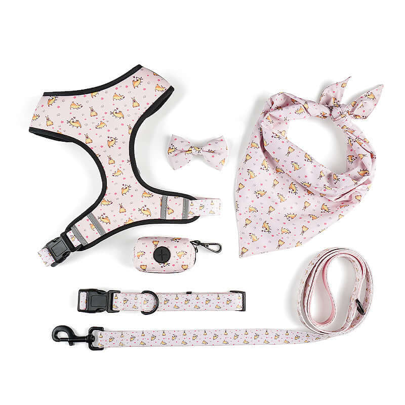 Harnais de chien rose avec laisse, bandana et nœud, accessoires pour animaux, parfait pour le style et le confort.