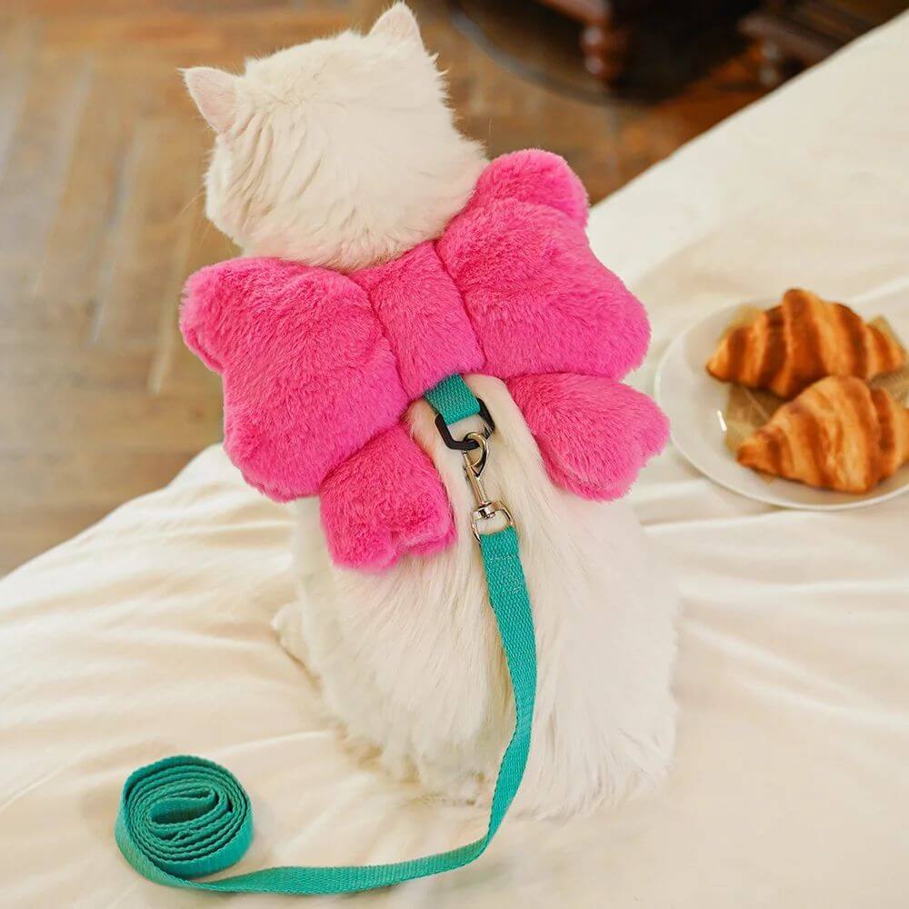 Chat portant un harnais rose en forme de papillon avec laisse, confort et style pour animaux.